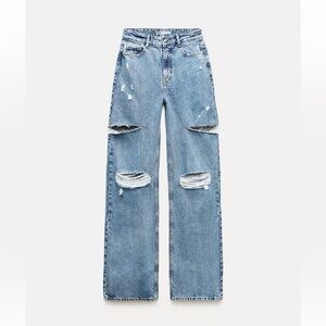 Zara Z1975 MID WAIST RIPPED CUT OUT STRAIGHT LEG JEANS MID-BLUE - REF. 6164/85
